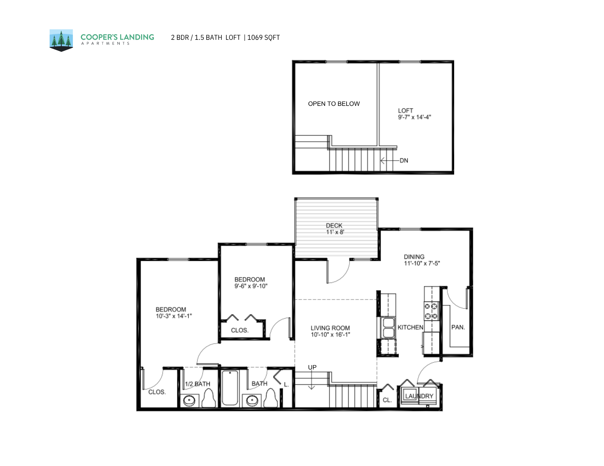 Floor plan for 2 beds, 1.5 baths, 1069 sqft